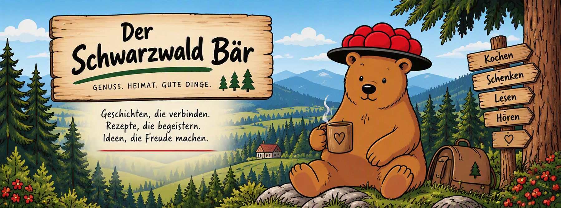 Illustrierter Schwarzwald mit dem Schwarzwald Bären